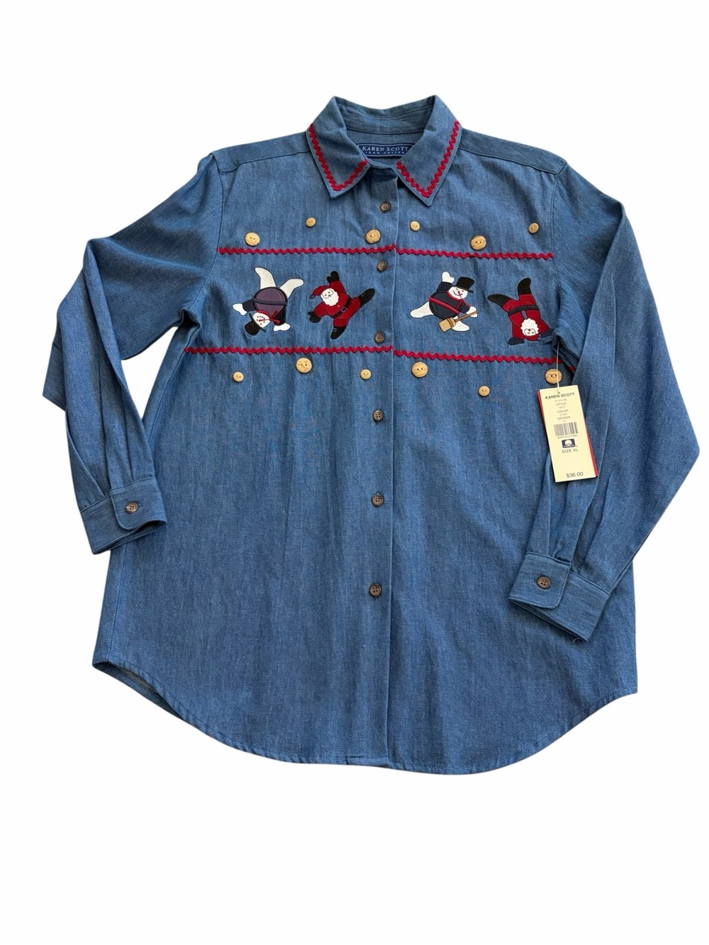 Vtg Karen Scott Blue Denim Button-Down Red Trim and Snowman Embroidery Sz XL